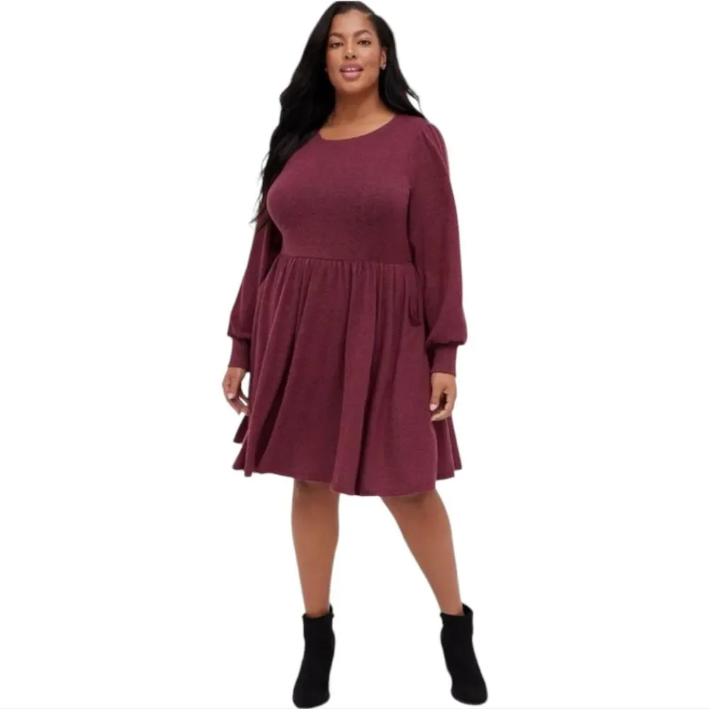 Torrid NWT Babydoll Dress - Super Soft Plush Burgundy Long Sleeve Plus Size‎ 2X